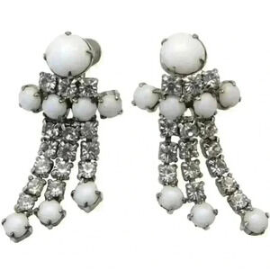 Vintage Earrings White Milk Glass & Clear Rhinestone Dangle Long Moonstone